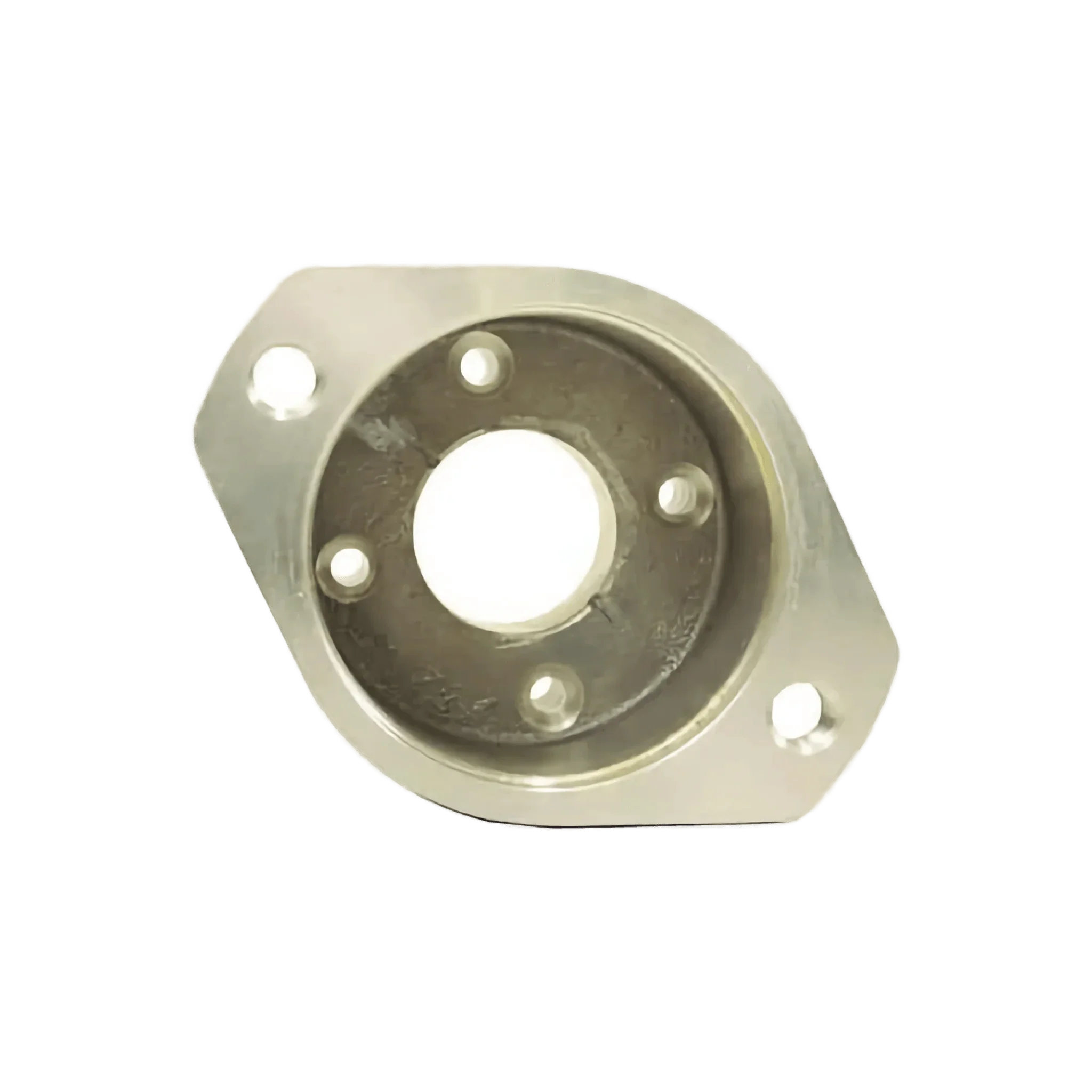 The PIERCE Hydraulic Motor Adapter, made of cast aluminum for hydraulic worm gear winches, features a central hole and four smaller holes. Shown on a light gray background.