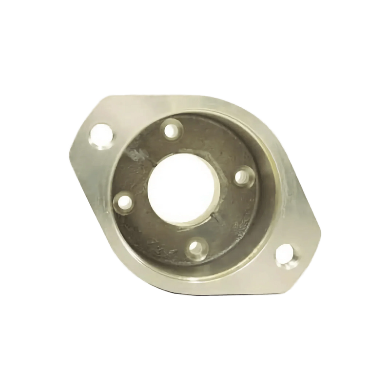 The PIERCE Hydraulic Motor Adapter, made of cast aluminum for hydraulic worm gear winches, features a central hole and four smaller holes. Shown on a light gray background.