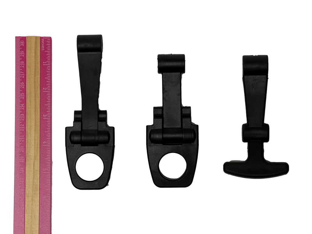 Three PIERCE Coolers Latch Version 2 clamps in different sizes are placed beside a pink ruler on a white background.