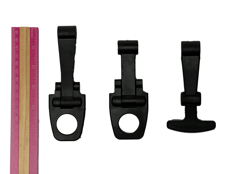 Three PIERCE Coolers Latch Version 2 clamps in different sizes are placed beside a pink ruler on a white background.
