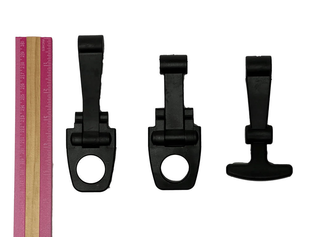 Three PIERCE Coolers Latch Long Version 2 in black plastic, shown in different sizes alongside a pink ruler, all set on a white background.