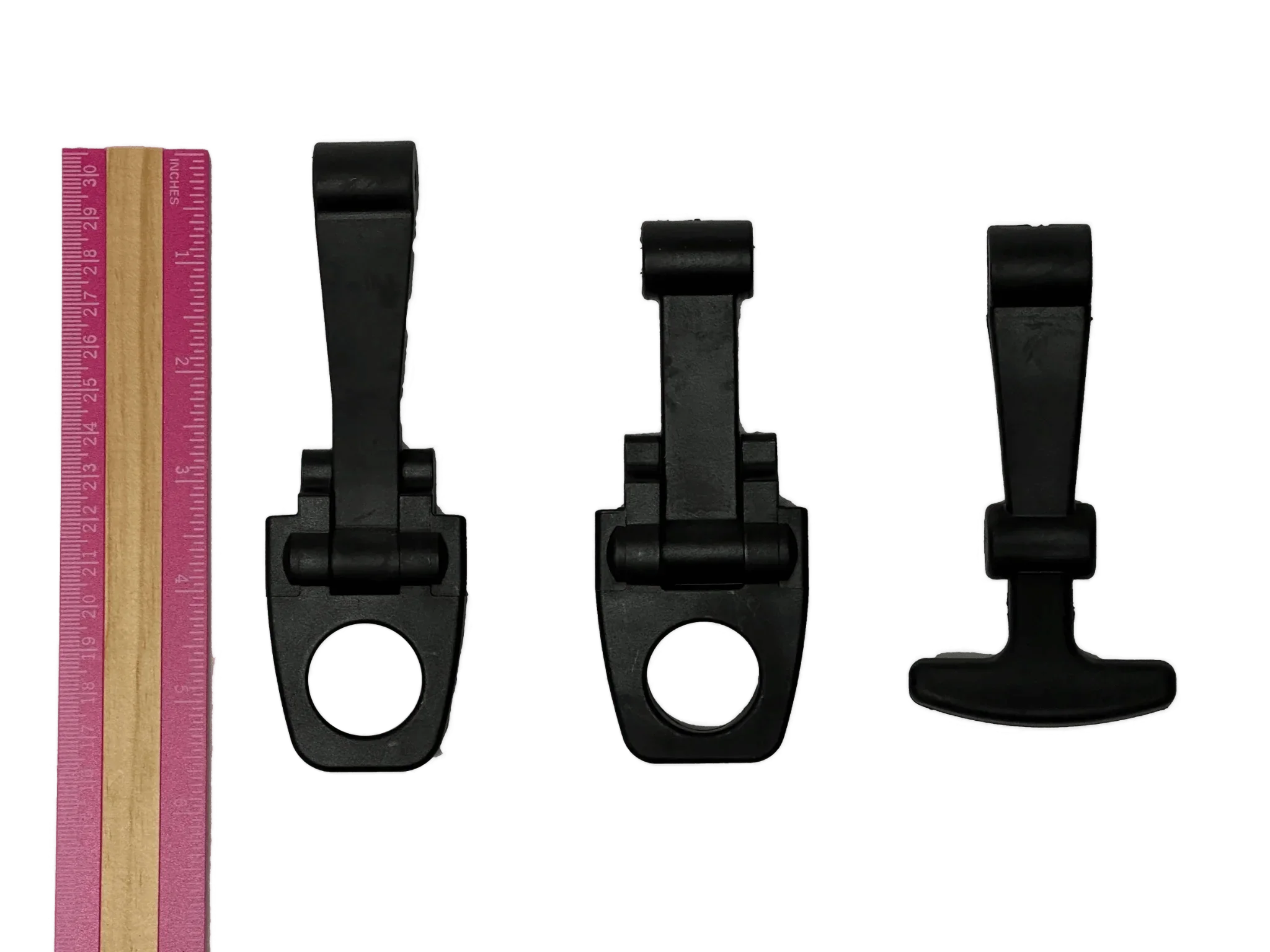 Three PIERCE Coolers Latch Long Version 2 in black plastic, shown in different sizes alongside a pink ruler, all set on a white background.