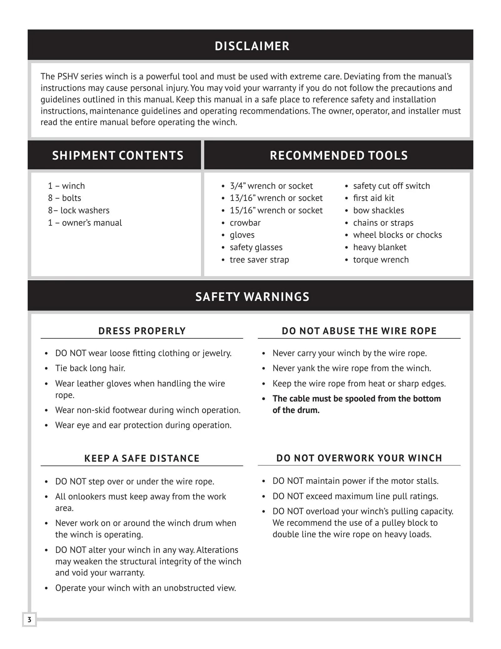 PSHV Series Winch Manual - Page 3