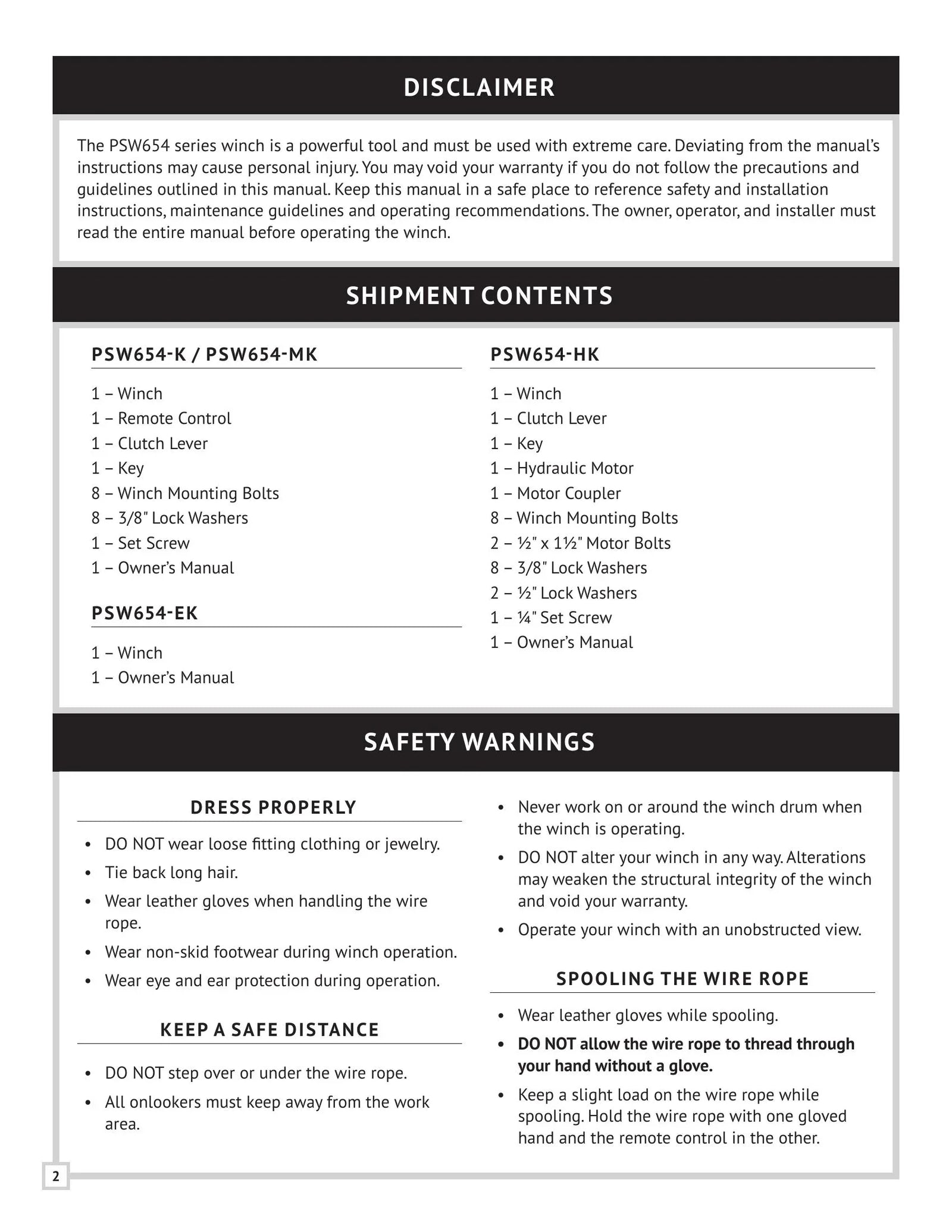 PSW654 Series Winch Manual - Page 2