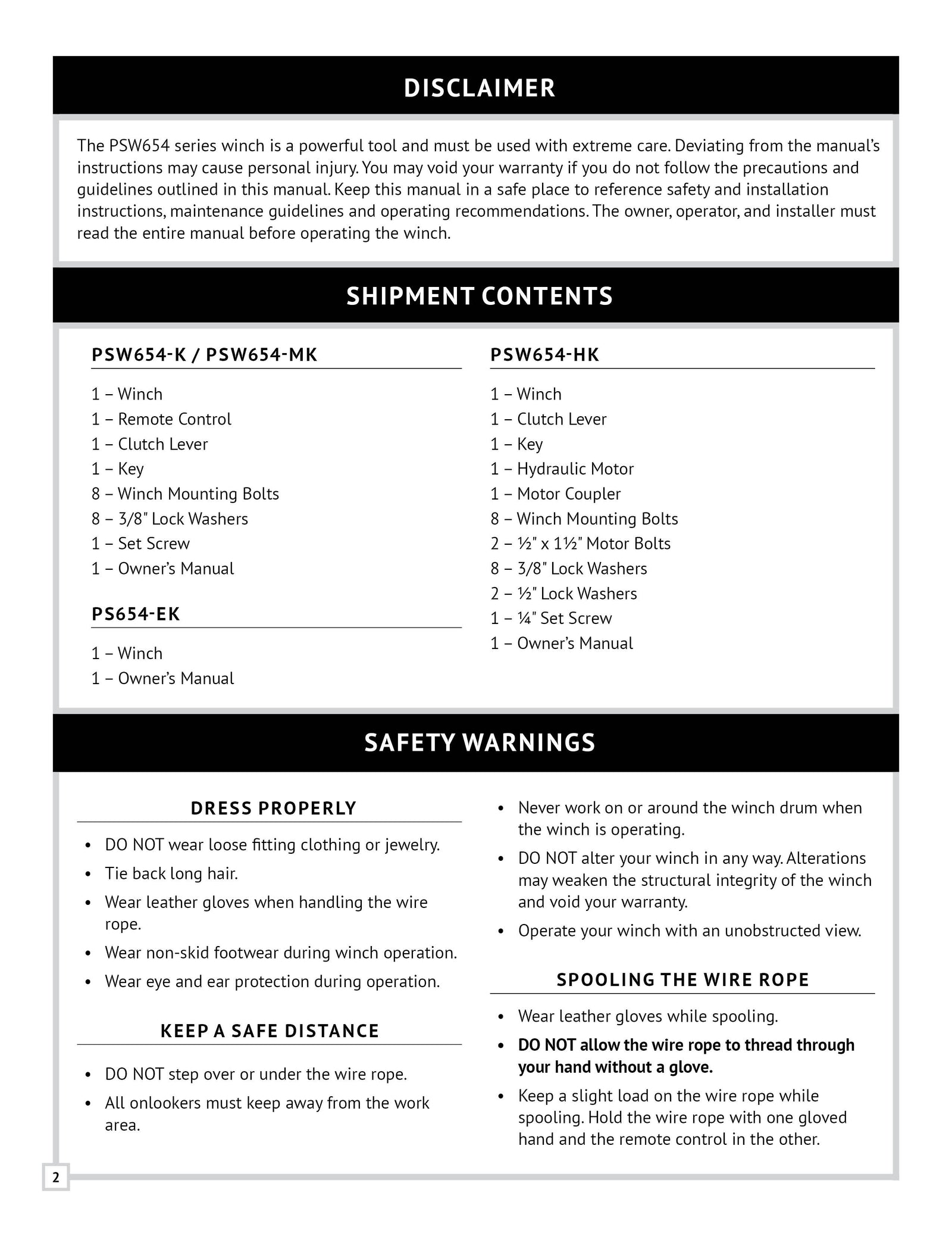PSW654 Series Winch Manual - Page 2