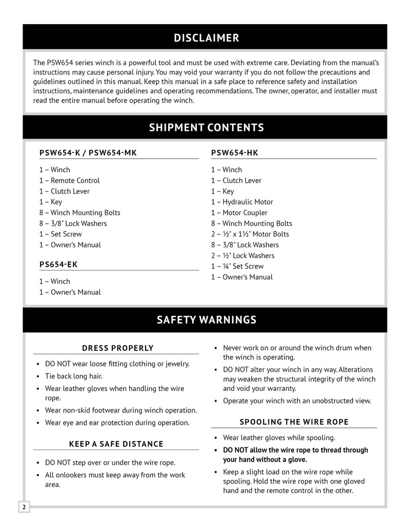 PSW654 Series Winch Manual — Page 2
