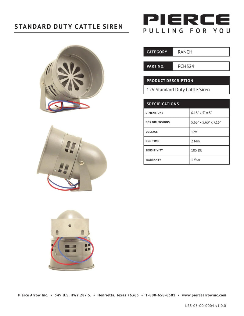 PCH324 Standard Duty Cattle Siren Spec Sheet — Page 1