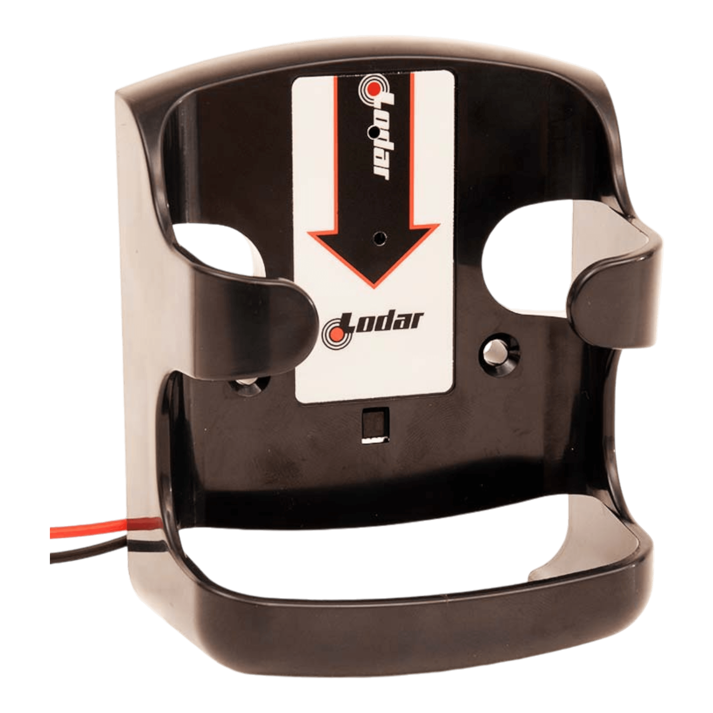 The sleek Lodar LTD Locator with Sensor for Lodar Transmitter is a wall-mounted remote holder made of black plastic. It features a white label with a striking downward red arrow, making it ideal for IP series remotes and perfect for loss prevention.