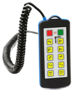The Lodar Hard-Wired Remote - 10F from Lodar LTD is a handheld remote with a coiled cord and nine yellow buttons, equipped with a waterproof Bulgin connector for enhanced durability.