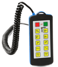 The Lodar Hard-Wired Remote - 10F from Lodar LTD is a handheld remote with a coiled cord and nine yellow buttons, equipped with a waterproof Bulgin connector for enhanced durability.