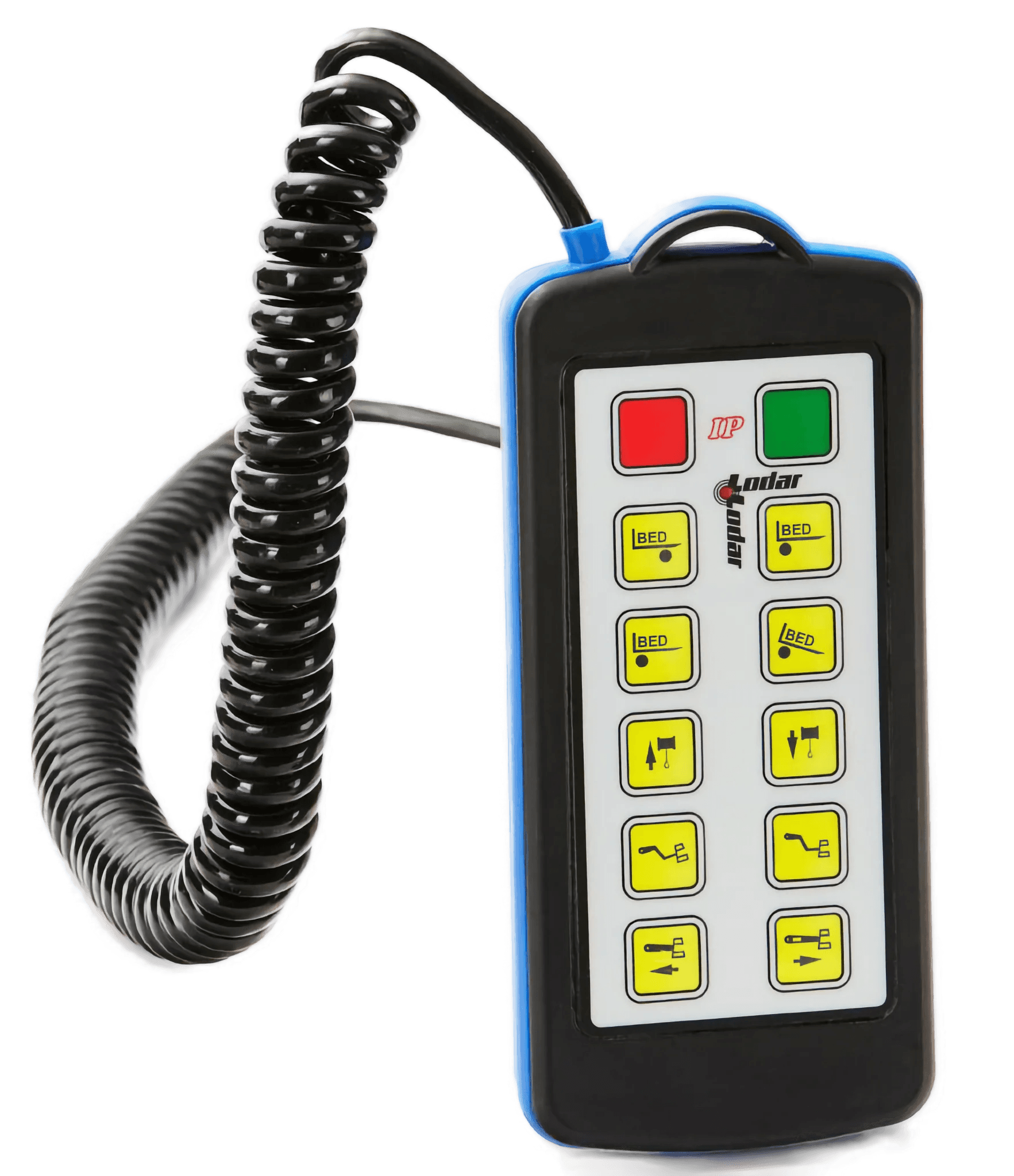 The Lodar Hard-Wired Remote - 10F from Lodar LTD is a handheld remote with a coiled cord and nine yellow buttons, equipped with a waterproof Bulgin connector for enhanced durability.