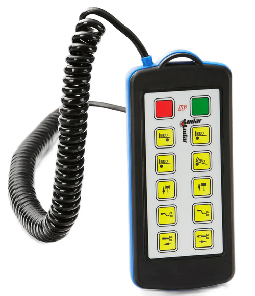 The Lodar Hard-Wired Remote - 10F from Lodar LTD is a handheld remote with a coiled cord and nine yellow buttons, equipped with a waterproof Bulgin connector for enhanced durability.