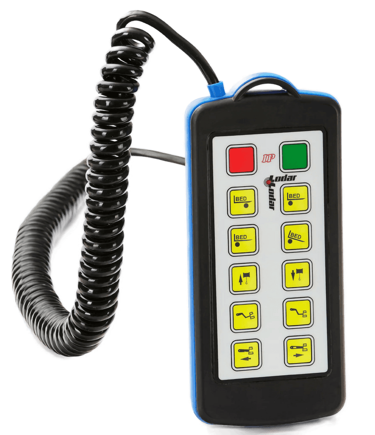 The Lodar Hard-Wired Remote - 10F from Lodar LTD is a handheld remote with a coiled cord and nine yellow buttons, equipped with a waterproof Bulgin connector for enhanced durability.