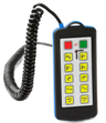 The Lodar Hard-Wired Remote - 10F from Lodar LTD is a handheld remote with a coiled cord and nine yellow buttons, equipped with a waterproof Bulgin connector for enhanced durability.