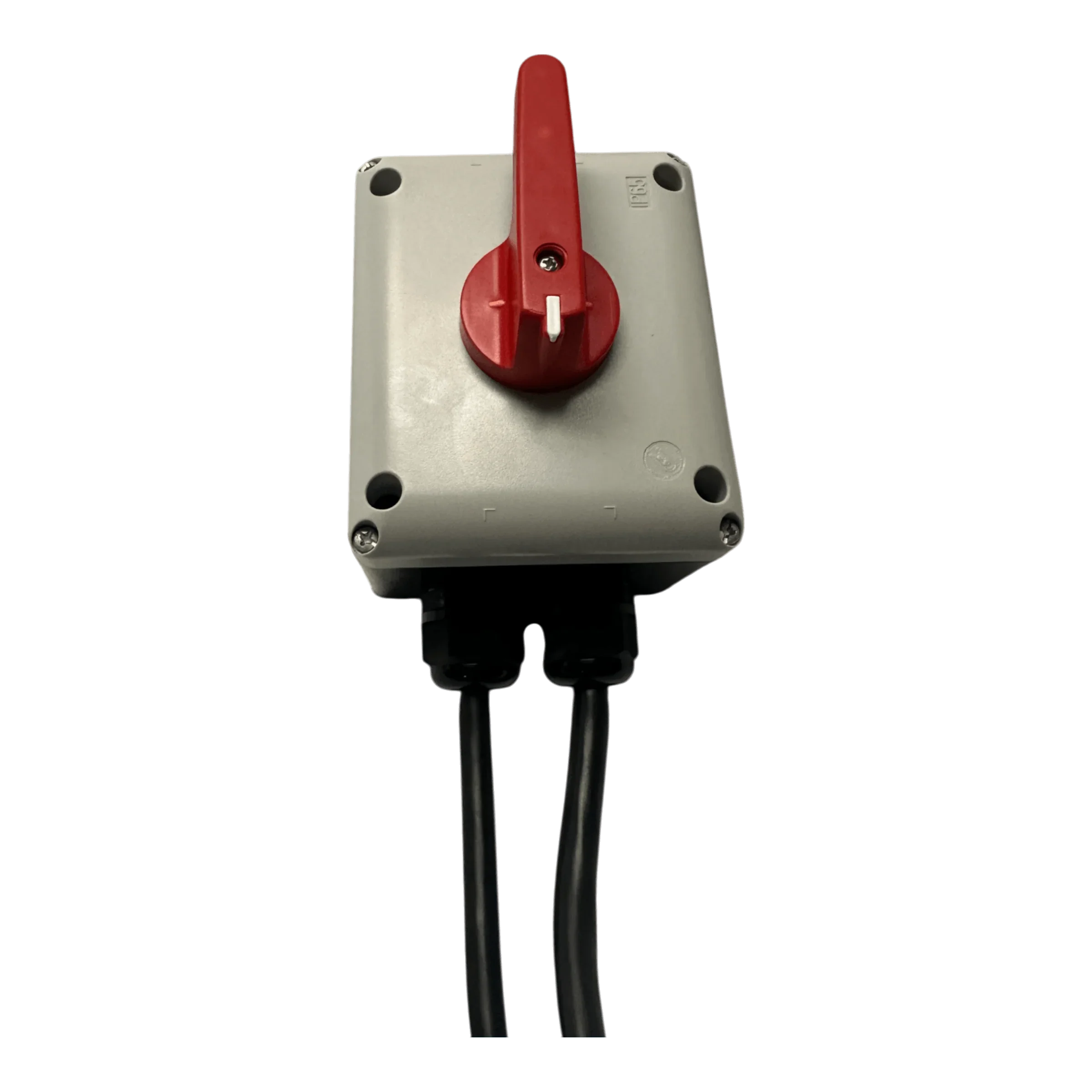 The PIERCE Wired Control for 110V 654 Series Single Phase Winch features a gray IP65 thermoplastic enclosure with a red rotary handle and two black cables attached at the bottom.