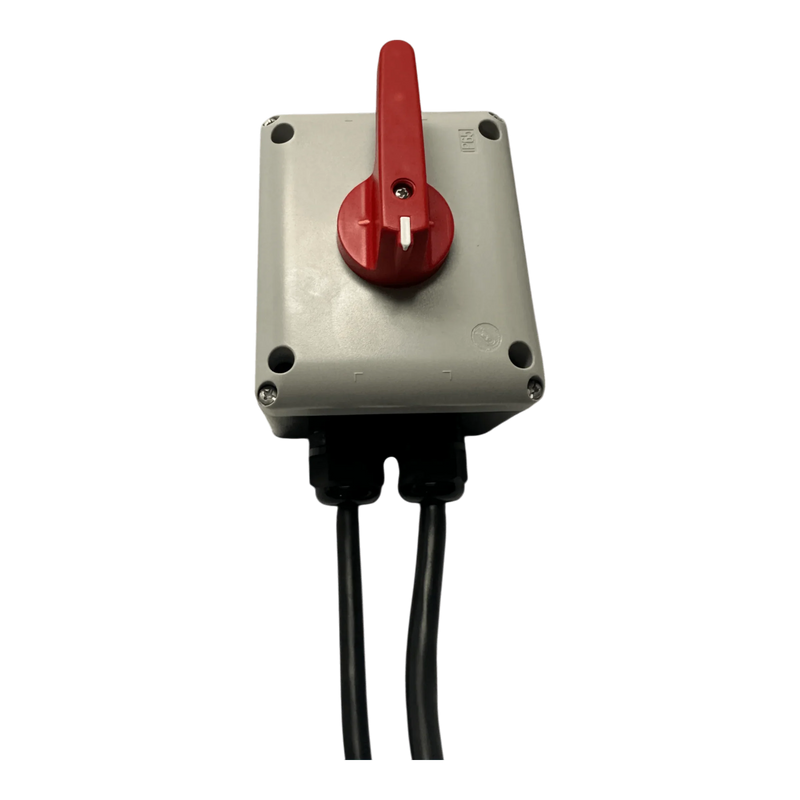 The PIERCE Wired Control for 110V 654 Series Single Phase Winch features a gray IP65 thermoplastic enclosure with a red rotary handle and two black cables attached at the bottom.