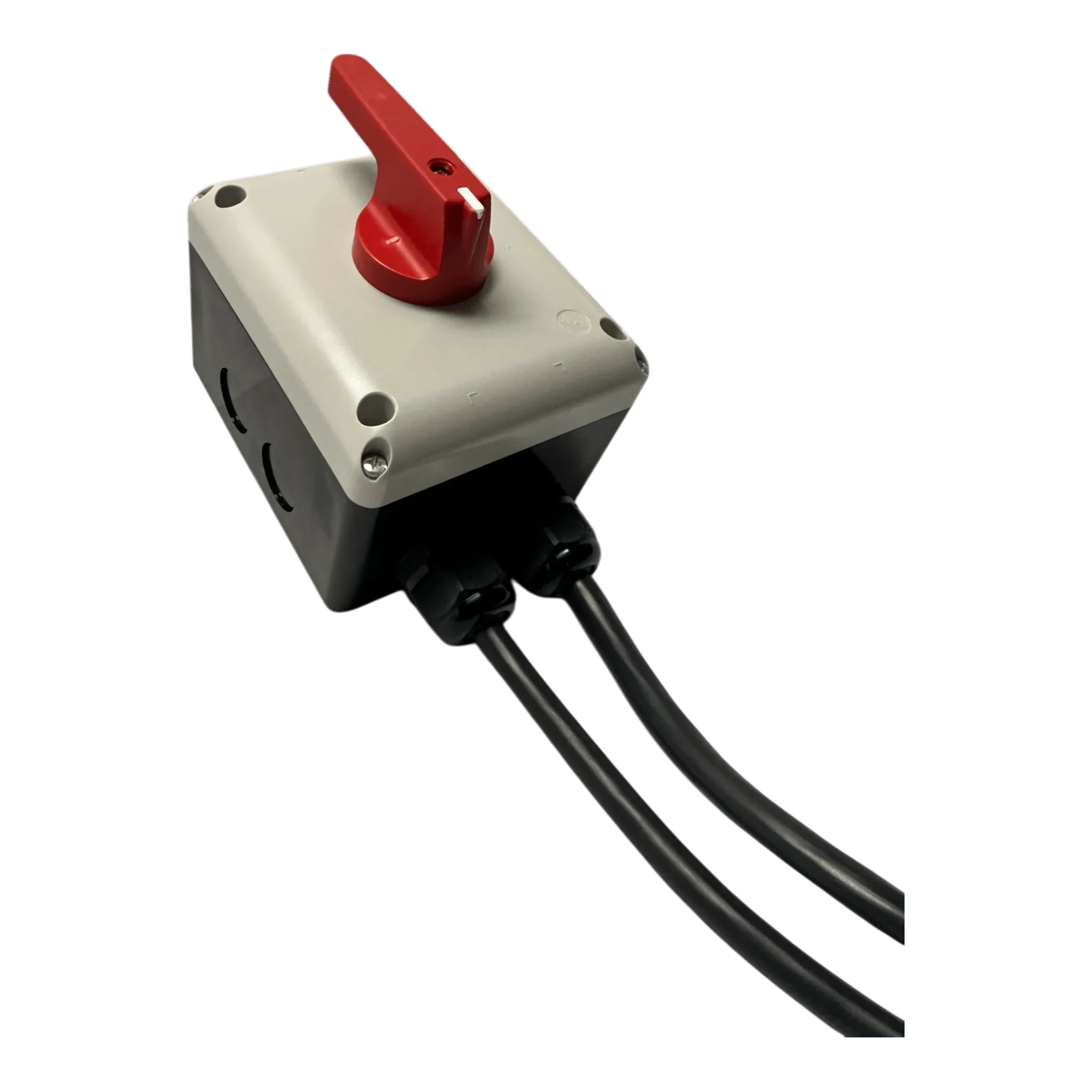 The PIERCE Wired Control for 110V 654 Series Single Phase Winch is an IP65 gray and black thermoplastic switch box with a red rotary handle and dual black cables, ideal for winch or single-phase motor control.