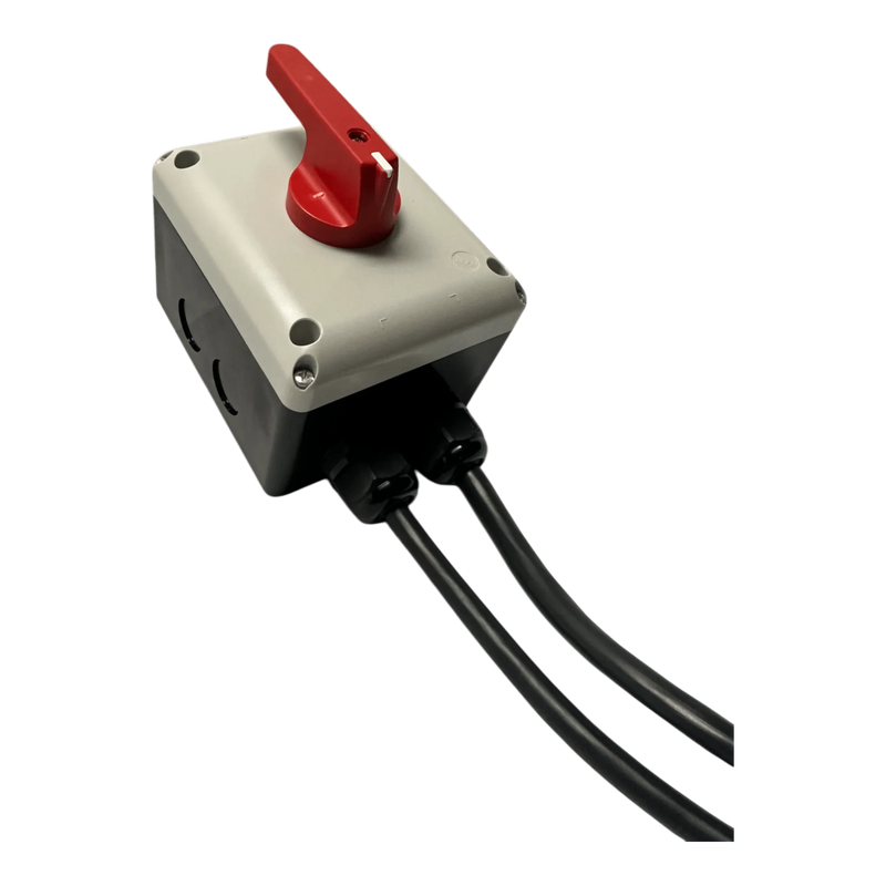 The PIERCE Wired Control for 110V 654 Series Single Phase Winch is an IP65 gray and black thermoplastic switch box with a red rotary handle and dual black cables, ideal for winch or single-phase motor control.