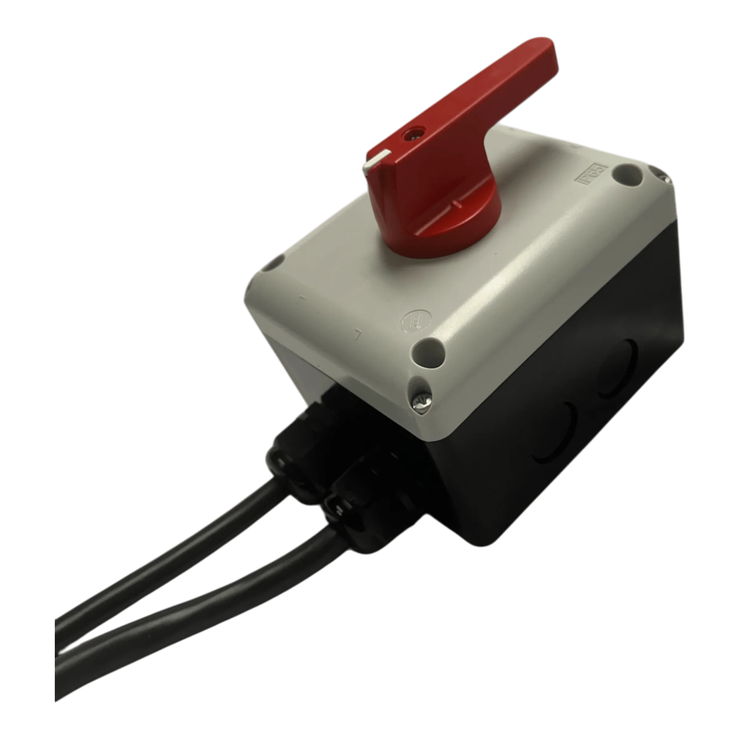 The PIERCE Wired Control for 110V 654 Series Single Phase Winch features a gray and black switch box with red rotary handle, two black cables, and an IP65 thermoplastic enclosure—ideal for single-phase motor control or winch operation.