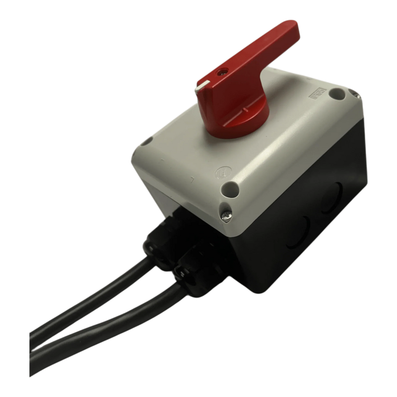 The PIERCE Wired Control for 110V 654 Series Single Phase Winch features a gray and black switch box with red rotary handle, two black cables, and an IP65 thermoplastic enclosure—ideal for single-phase motor control or winch operation.