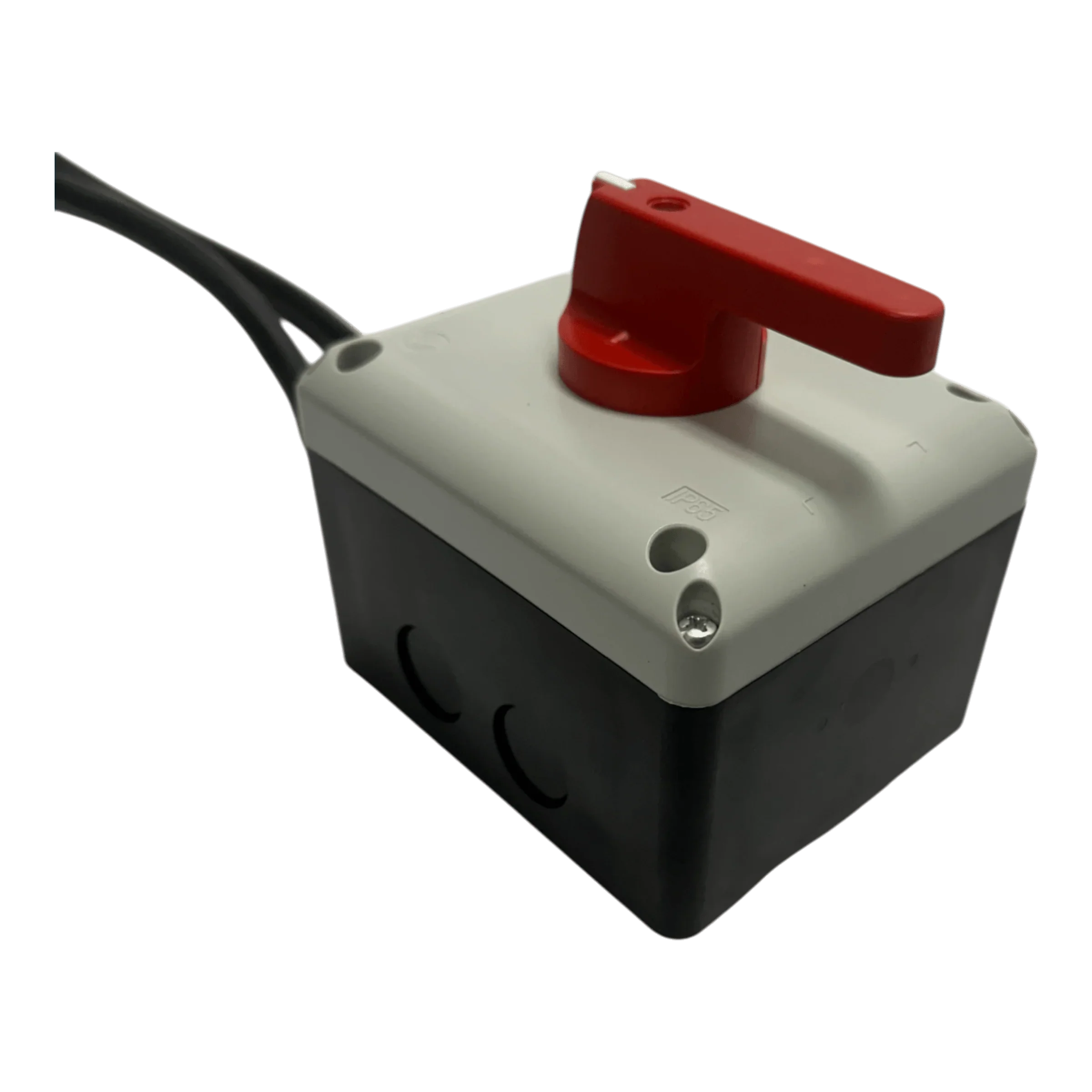 The PIERCE Wired Control for 110V 654 Series Single Phase Winch features a red rotary switch on a black and white IP65 thermoplastic enclosure with two cables, perfect for controlling single-phase motors.