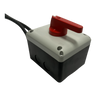 The PIERCE Wired Control for 110V 654 Series Single Phase Winch features a red rotary switch on a black and white IP65 thermoplastic enclosure with two cables, perfect for controlling single-phase motors.