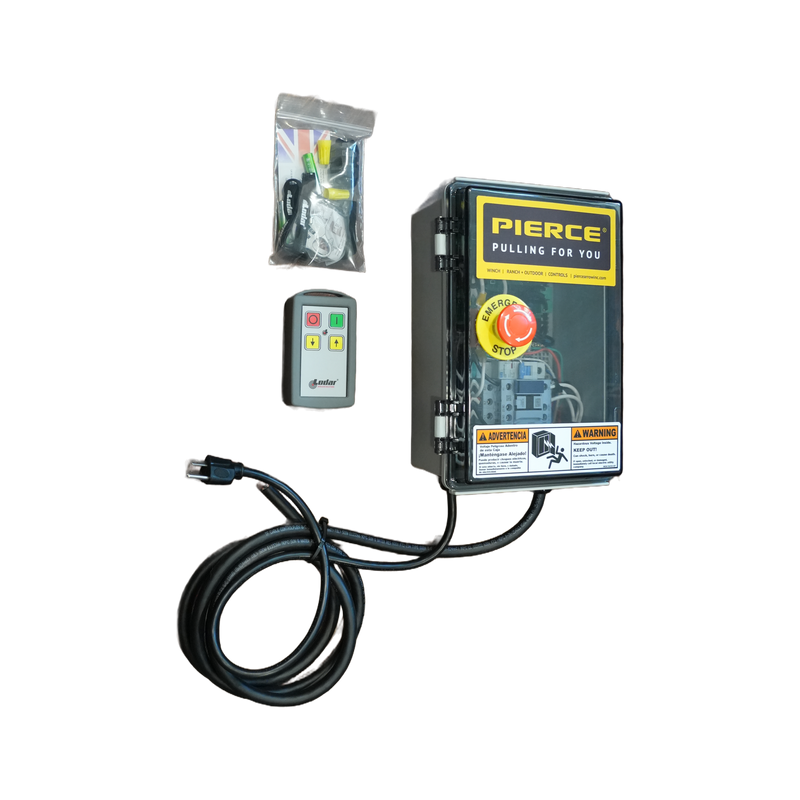 PIERCE P003W wireless kit layout with enclosure, Lodar remote, and accessories
