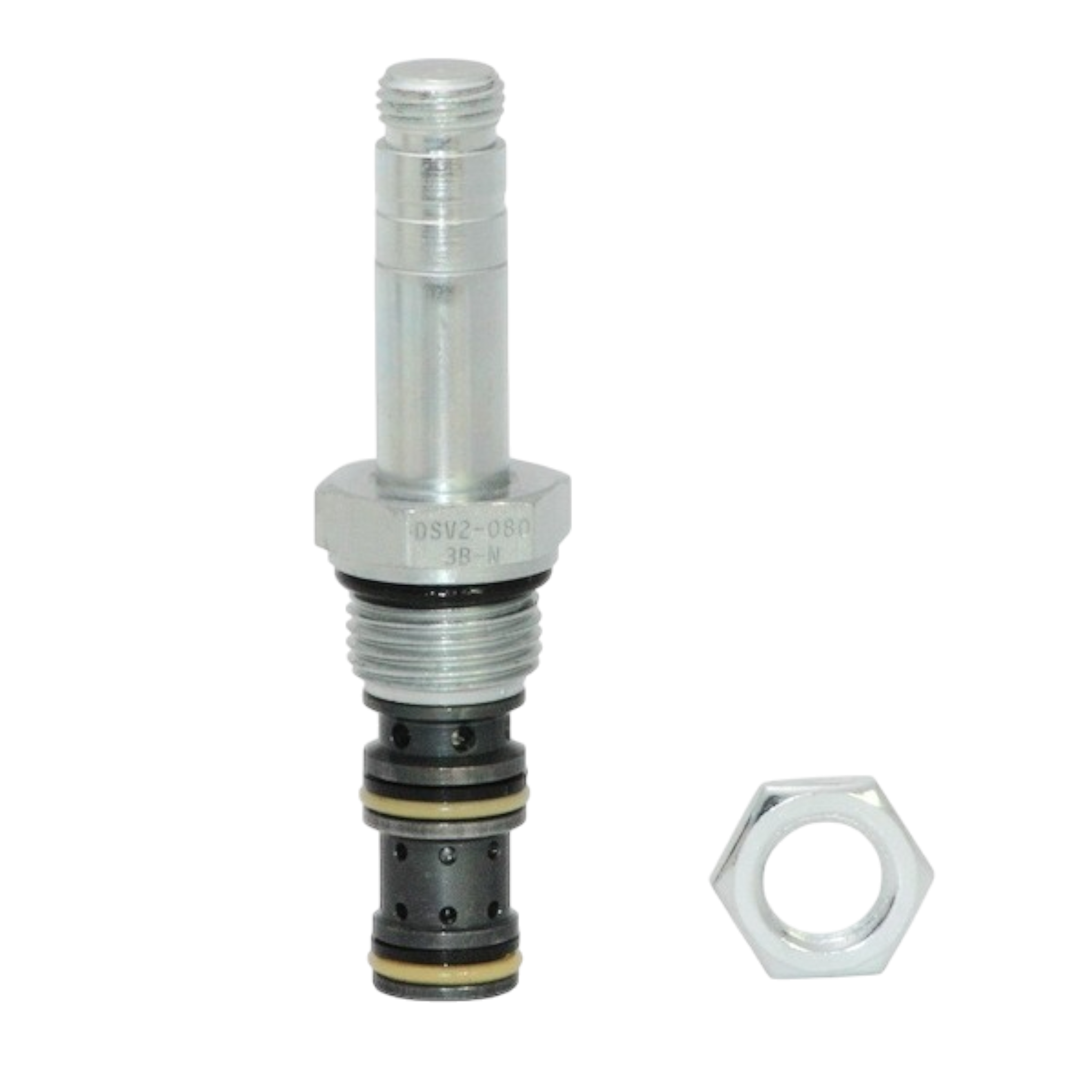 Bucher Hydraulics, Inc. 3-Way/2-Position Hydraulic Valve fits PM-3530 pump; includes O-rings and is shown with a hex nut on a white background—ideal as a hydraulic valve or pump manifold cartridge.