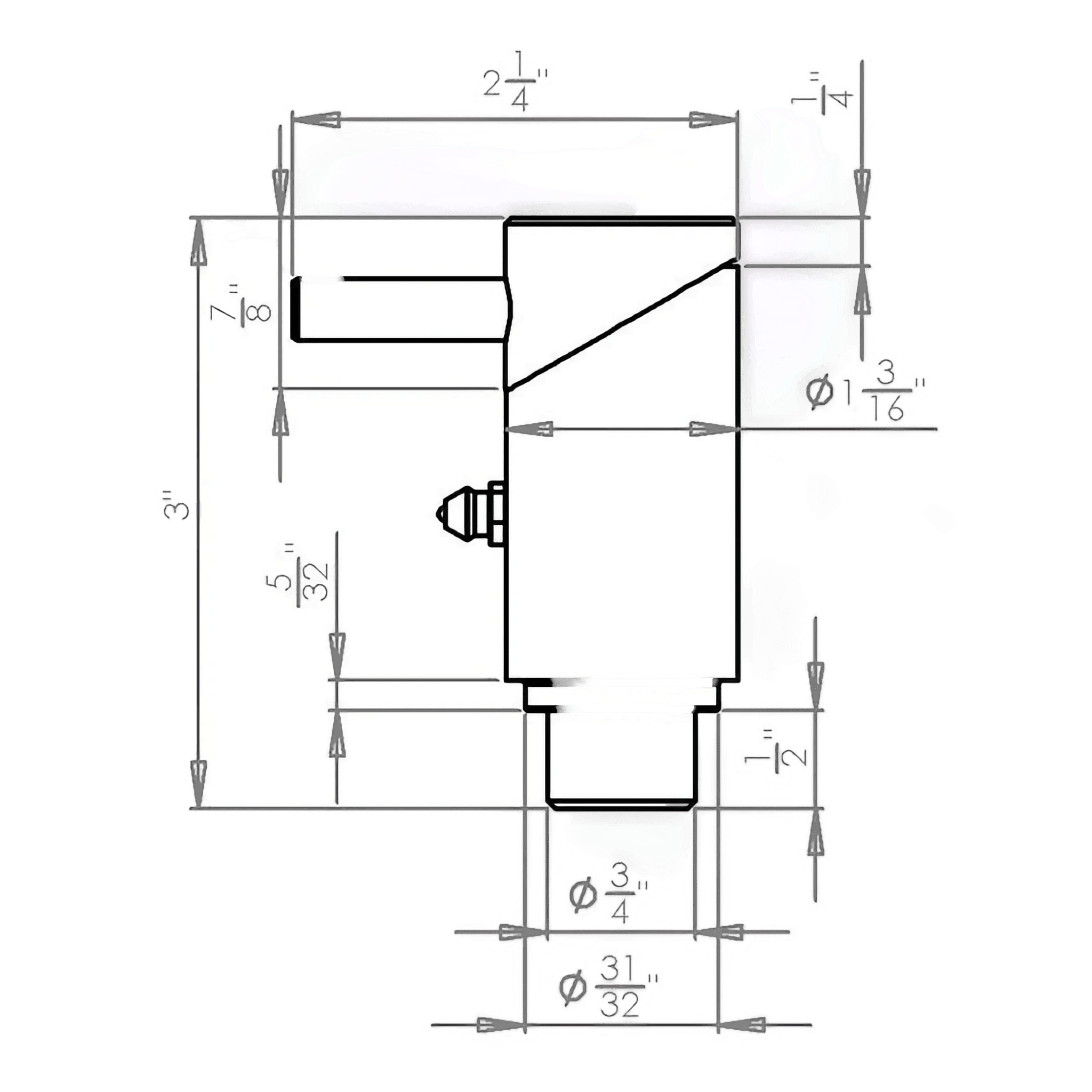 Technical drawing of the PIERCE ¾" Twist Lock Plunger Latch featuring labeled dimensions and measurement lines on a white background.