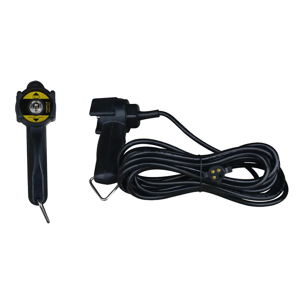 PIERCE Toggle Switch Remote with a 20ft coiled cord and 4-prong vulcanized plug, shown from the top and side on a white background.