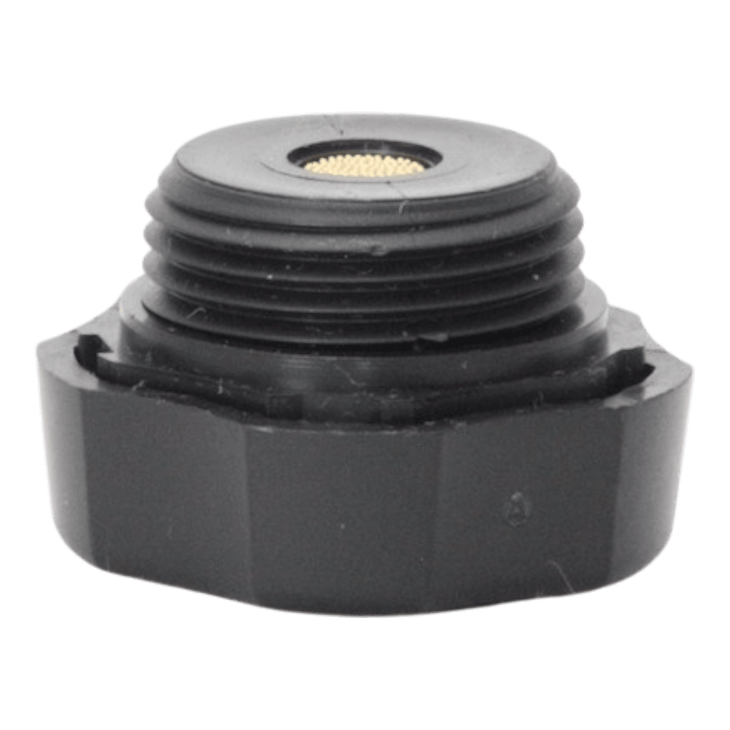 Side view of the ¾" Breather Plug for Bucher & Monarch Pumps by Bucher Hydraulics, Inc.—a black plastic cap with gold mesh center for splash protection. Shown against a white background; perfect for hydraulic pump use.