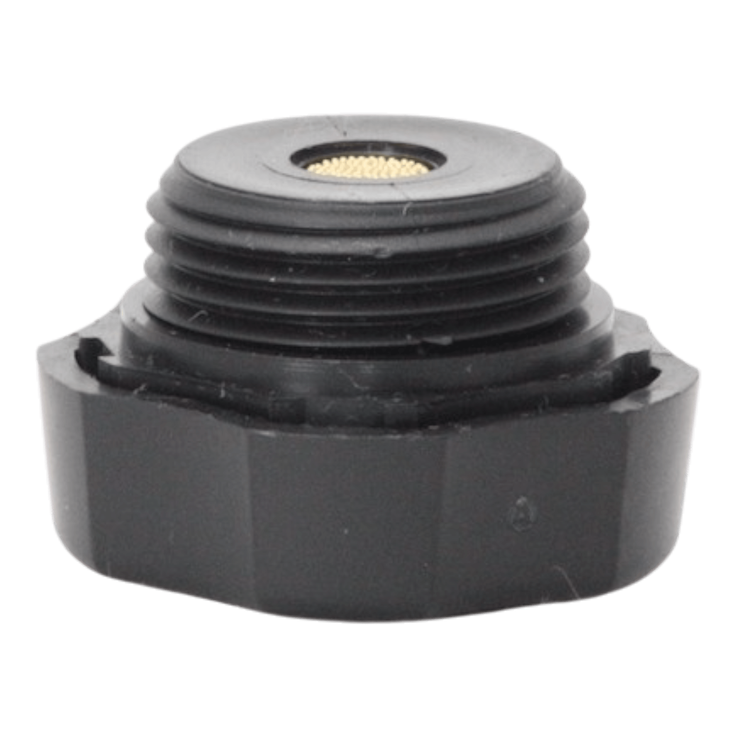 Side view of the ¾" Breather Plug for Bucher & Monarch Pumps by Bucher Hydraulics, Inc.—a black plastic cap with gold mesh center for splash protection. Shown against a white background; perfect for hydraulic pump use.