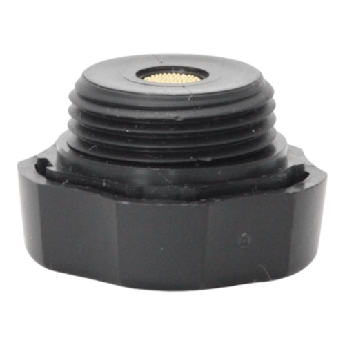 Side view of the ¾" Breather Plug for Bucher & Monarch Pumps by Bucher Hydraulics, Inc.—a black plastic cap with gold mesh center for splash protection. Shown against a white background; perfect for hydraulic pump use.