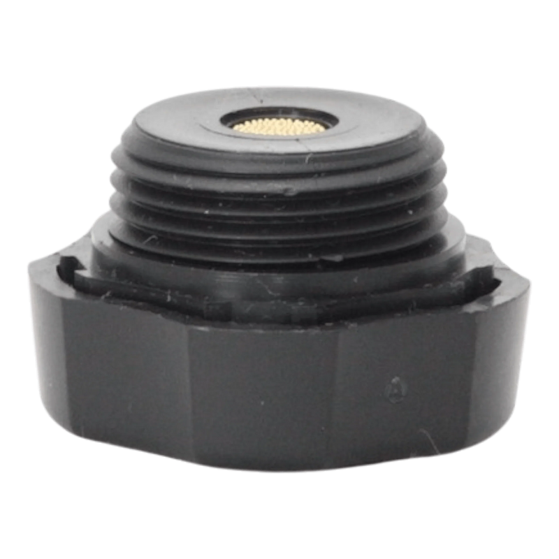 Side view of the ¾" Breather Plug for Bucher & Monarch Pumps by Bucher Hydraulics, Inc.—a black plastic cap with gold mesh center for splash protection. Shown against a white background; perfect for hydraulic pump use.