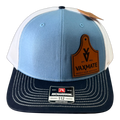 The PIERCE VAXMATE Trucker Hat with Leather Patch features light blue, white, and navy colors, plus a classic label on the brim.