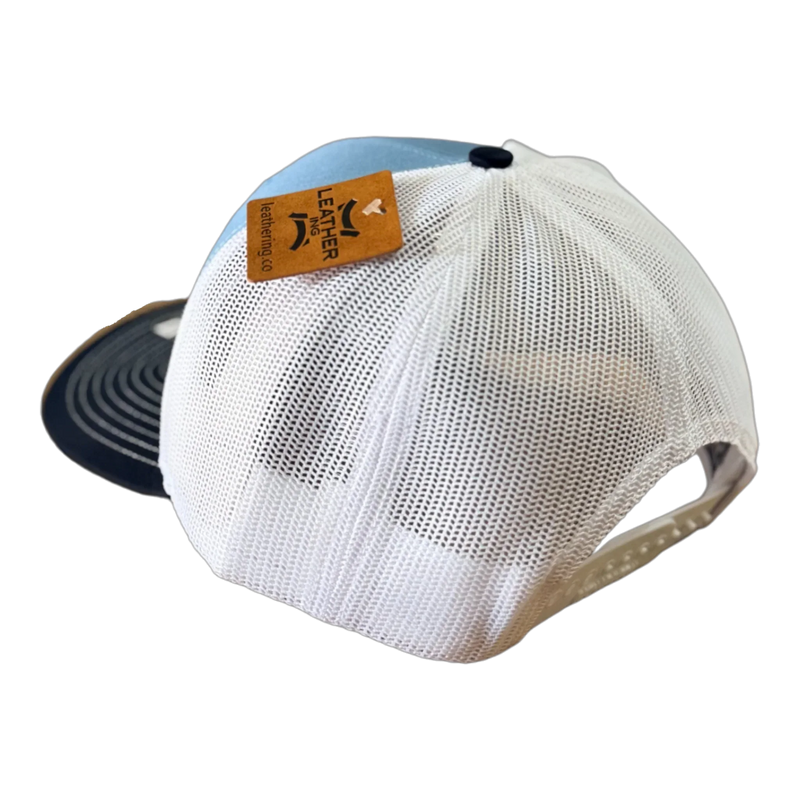 The PIERCE VAXMATE Trucker Hat with Leather Patch features a mesh back in white and blue, showcased on a white background.