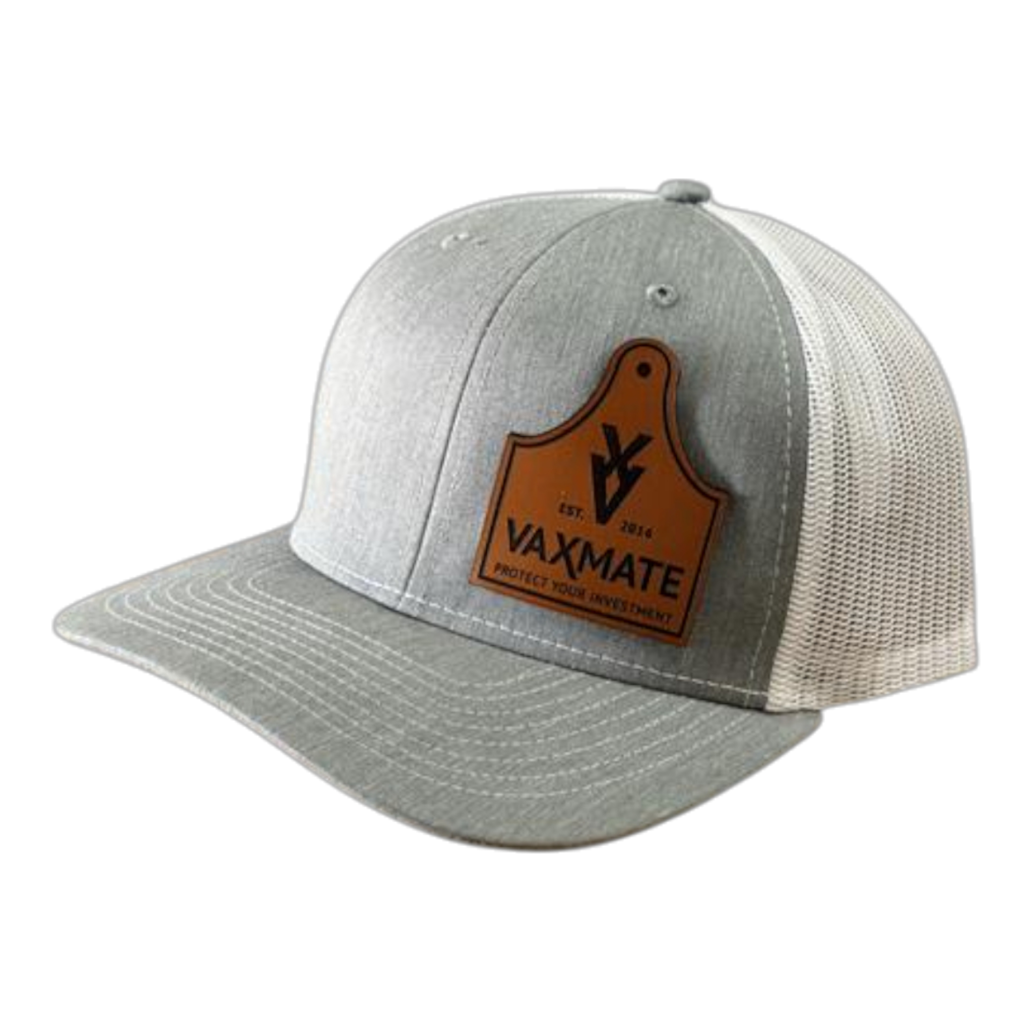 The PIERCE VAXMATE Trucker Hat with Leather Patch is a light gray and white Richardson 112 hat featuring a brown ear tag patch on the front.