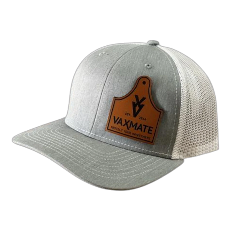 The PIERCE VAXMATE Trucker Hat with Leather Patch is a gray and white Richardson 112 hat featuring a brown ear tag patch on the front.