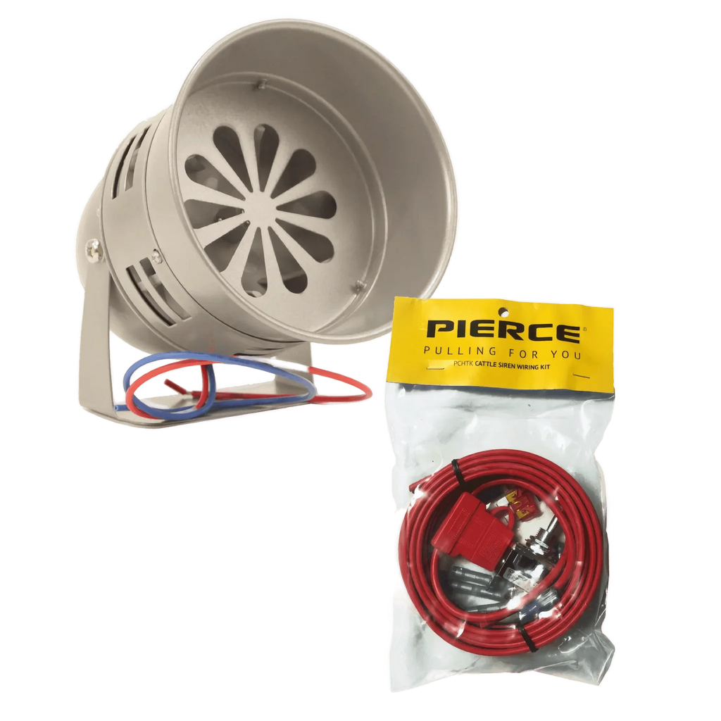The Standard Duty Cattle Siren with red and blue wires sits beside a PIERCE-branded bag filled with cables and connectors, making it perfect for use as a pasture alarm.