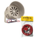 The Standard Duty Cattle Siren with red and blue wires sits beside a PIERCE-branded bag filled with cables and connectors, making it perfect for use as a pasture alarm.