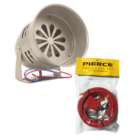 The Standard Duty Cattle Siren with red and blue wires sits beside a PIERCE-branded bag filled with cables and connectors, making it perfect for use as a pasture alarm.