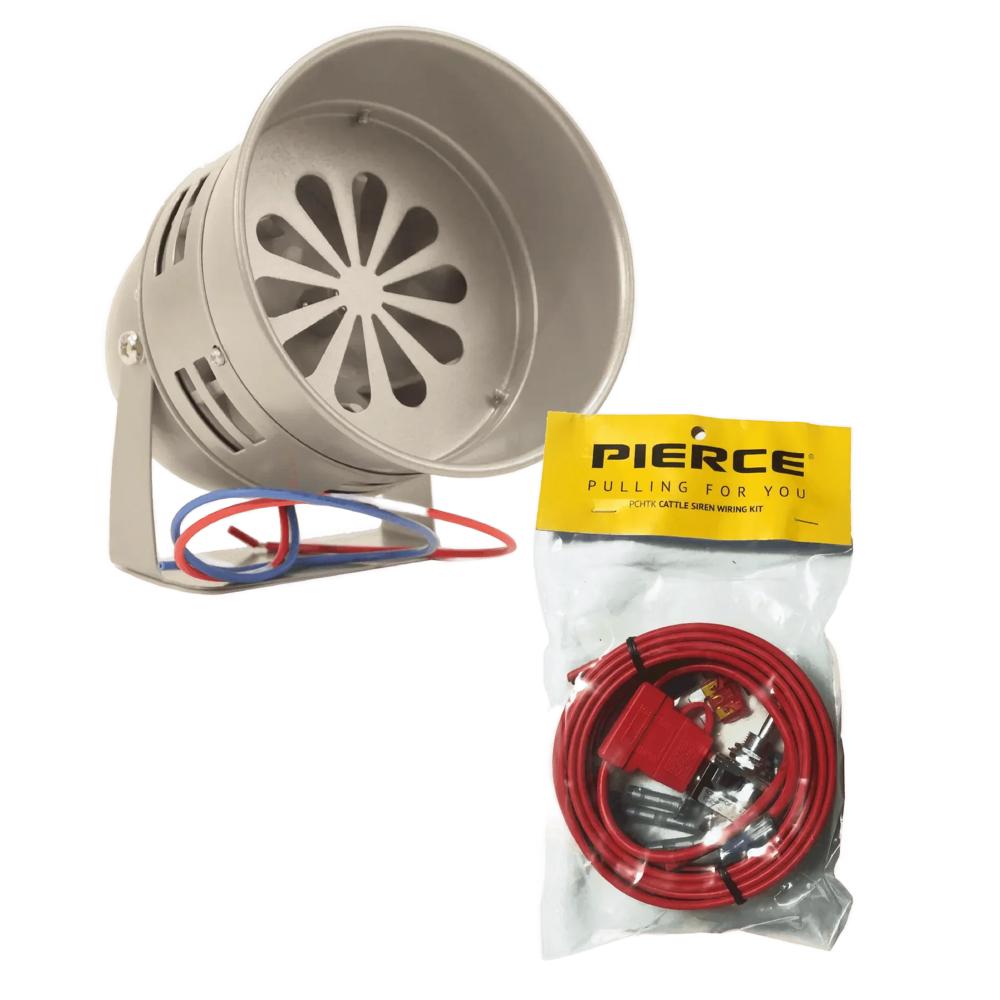 The Standard Duty Cattle Siren with red and blue wires sits beside a PIERCE-branded bag filled with cables and connectors, making it perfect for use as a pasture alarm.