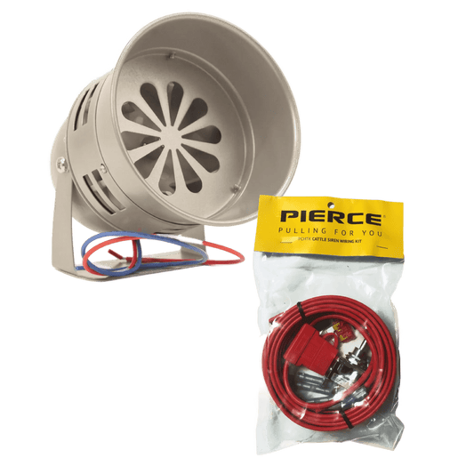 The Standard Duty Cattle Siren with red and blue wires sits beside a PIERCE-branded bag filled with cables and connectors, making it perfect for use as a pasture alarm.