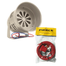 The Standard Duty Cattle Siren with red and blue wires sits beside a PIERCE-branded bag filled with cables and connectors, making it perfect for use as a pasture alarm.