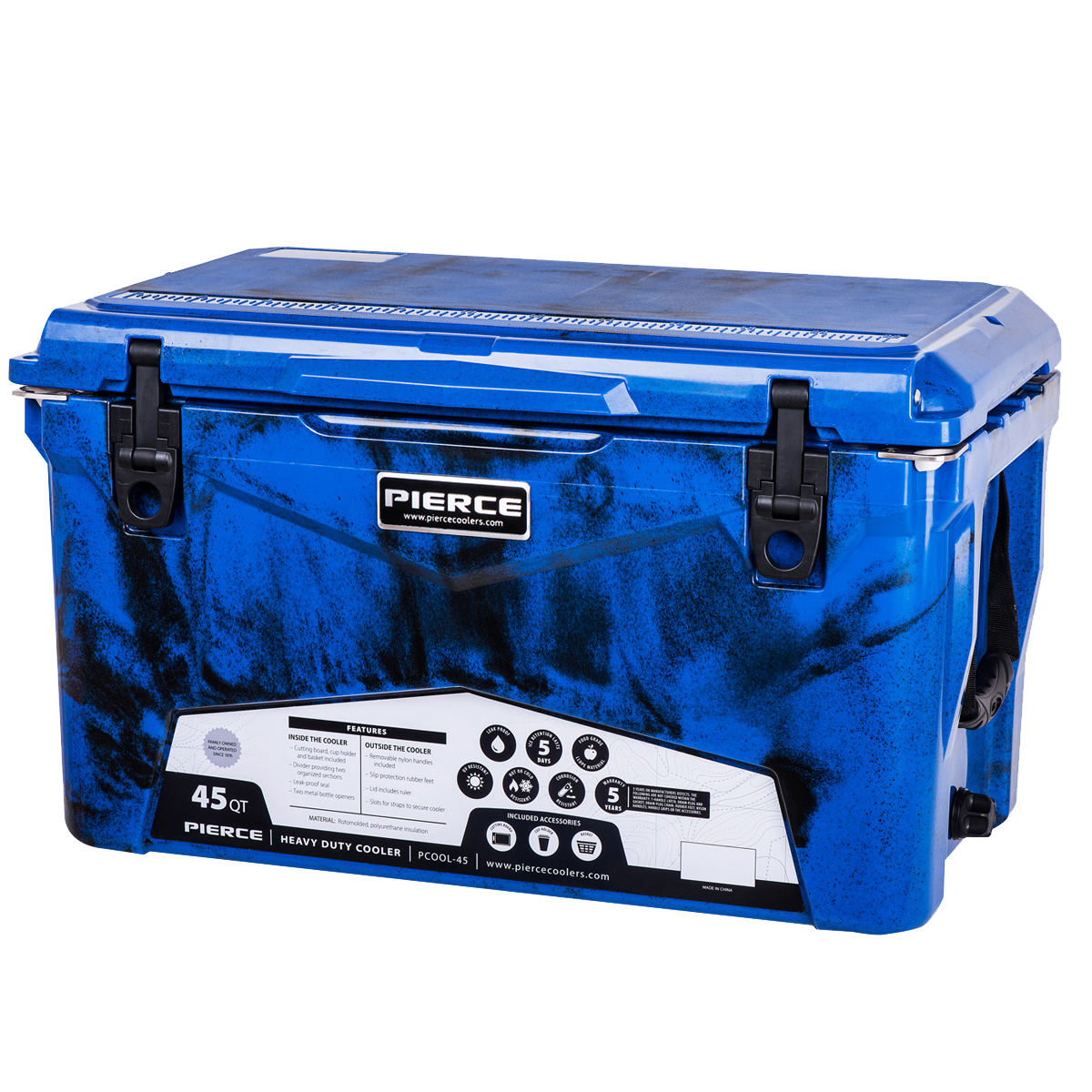 The PIERCE 45 Quart Camo Cooler features durable roto-molded construction, black latches, a white front label, and is designed for superior ice retention, making it perfect for any adventure.