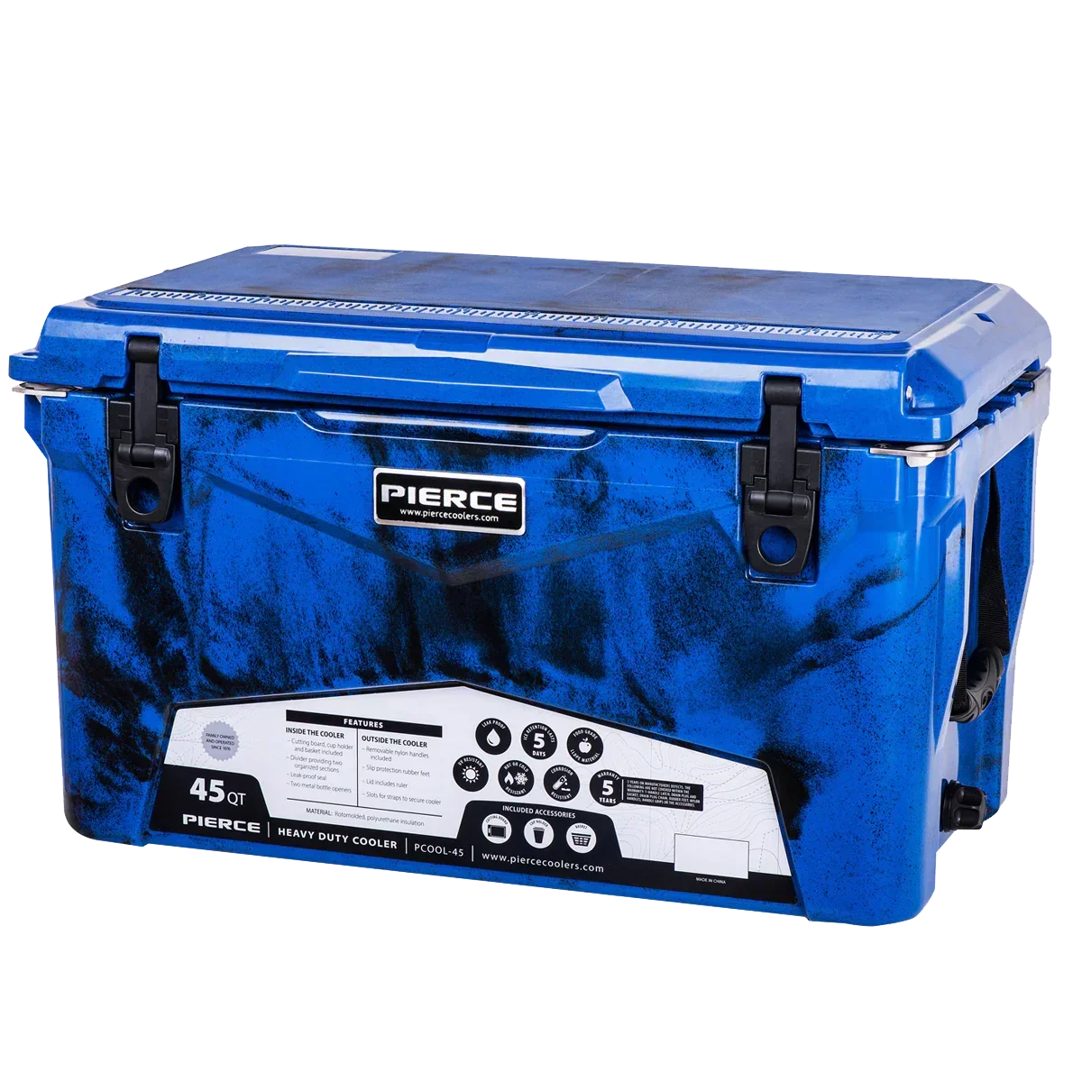 The PIERCE 45 Quart Camo Cooler features black latches and a white info label on the front, designed by PIERCE for superior ice retention.