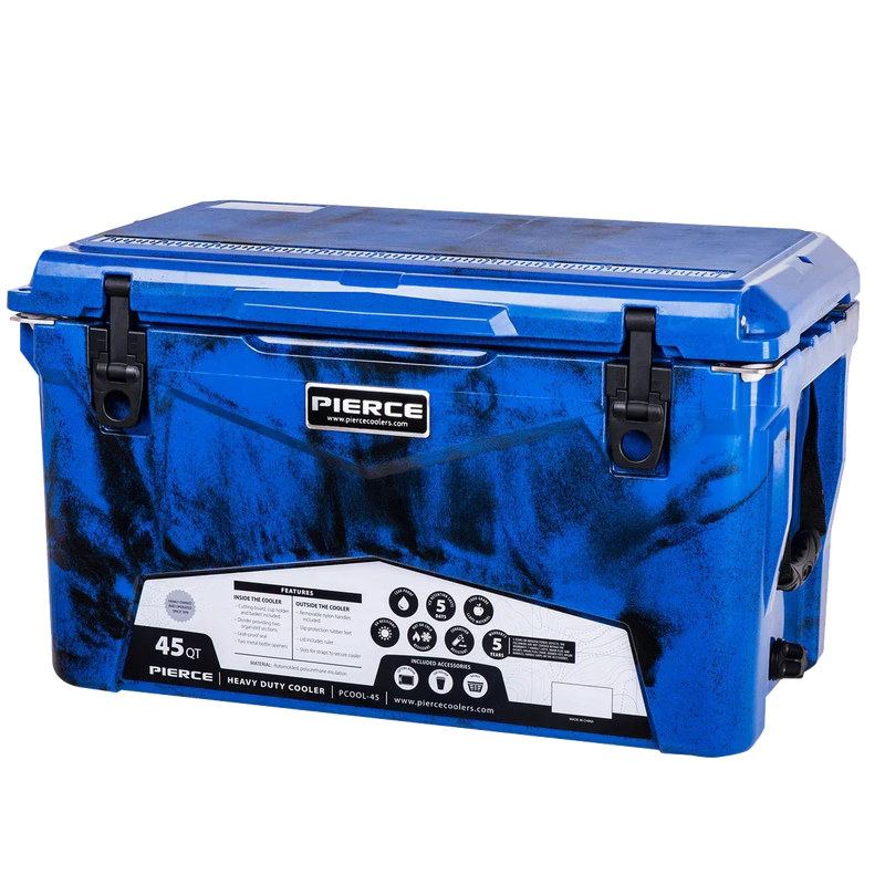 The PIERCE 45 Quart Camo Cooler features black latches and a white info label on the front, designed by PIERCE for superior ice retention.
