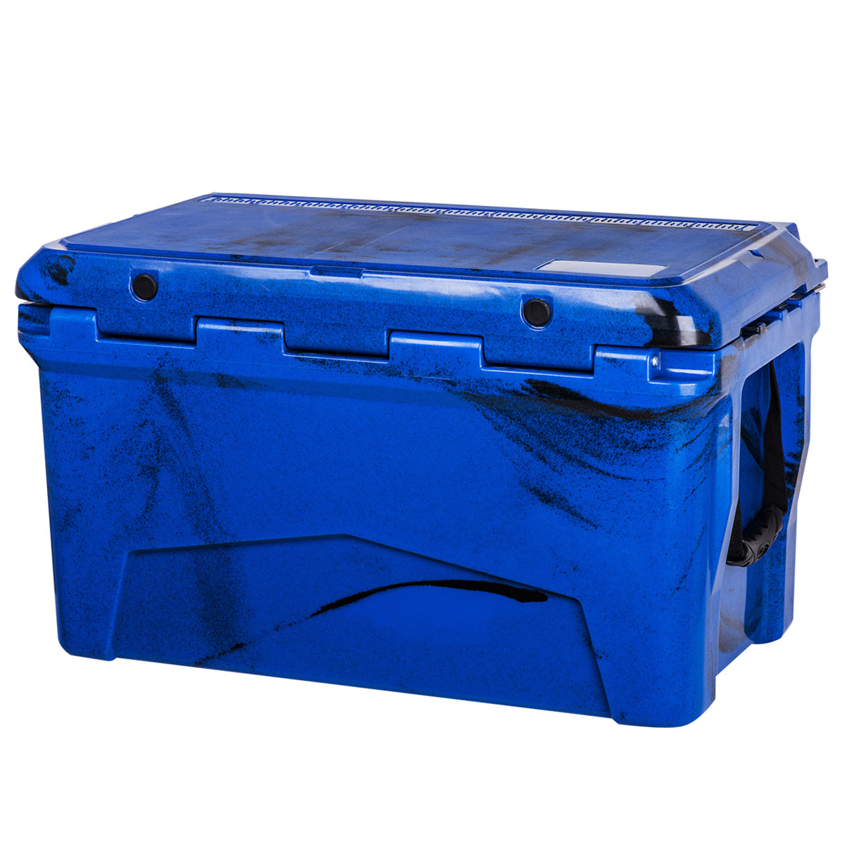 The PIERCE 45 Quart Camo Cooler by PIERCE features side handles, a closed lid, and roto-molded construction for excellent ice retention. Blue and black speckled design adds style to this spacious ice chest.