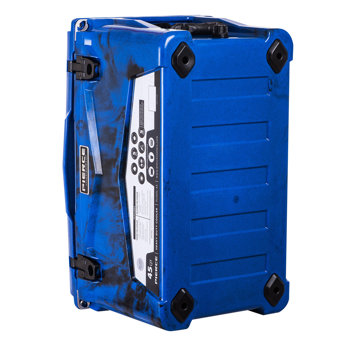 Blue and black rugged portable radio with control buttons and sturdy corner protectors stands upright—perfect for outdoor adventures alongside your PIERCE 45 Quart Camo Cooler, known for excellent ice retention.