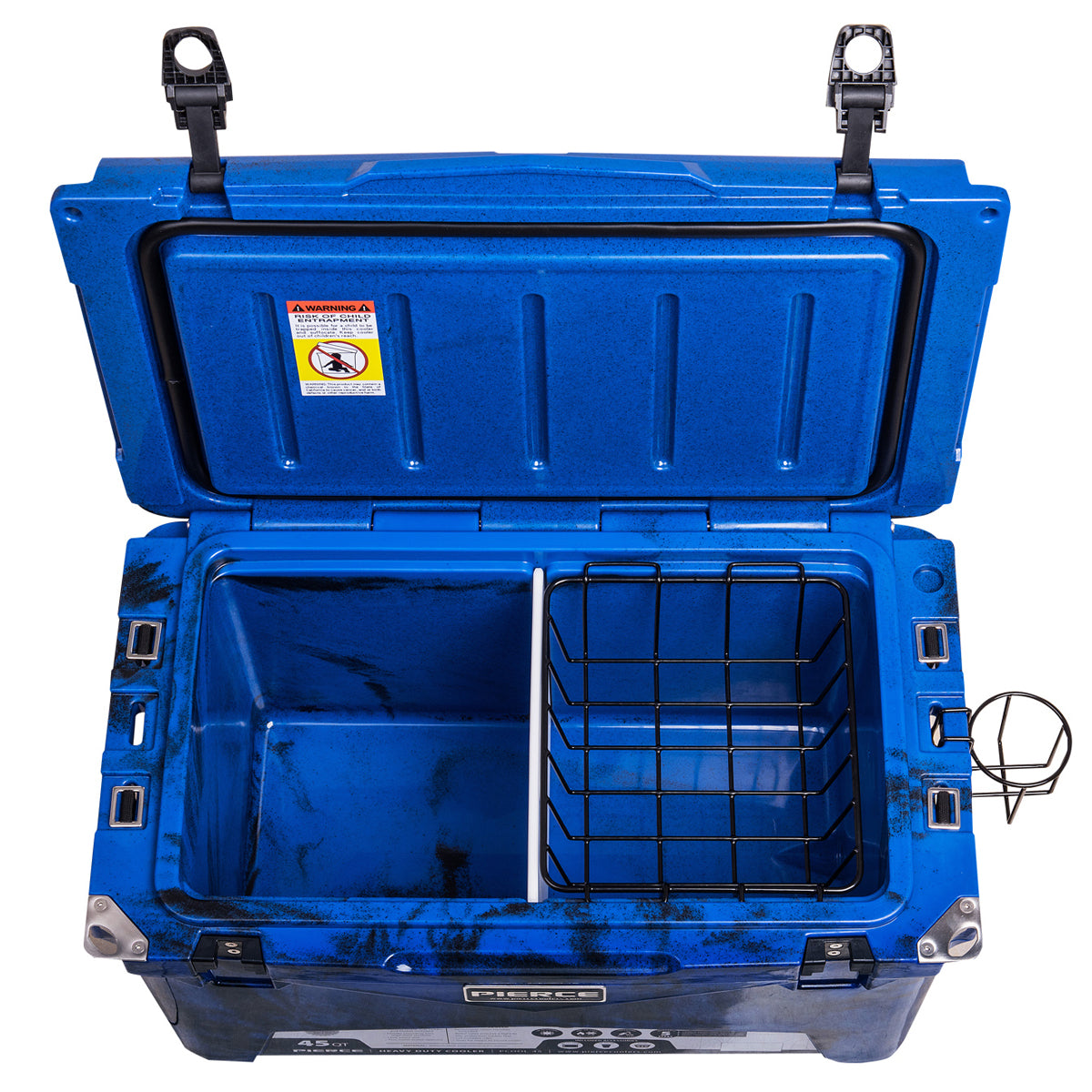 The PIERCE 45 Quart Camo Cooler by PIERCE features an open lid, divided interior, wire basket, and a right-side cup holder, all designed for superior ice retention.